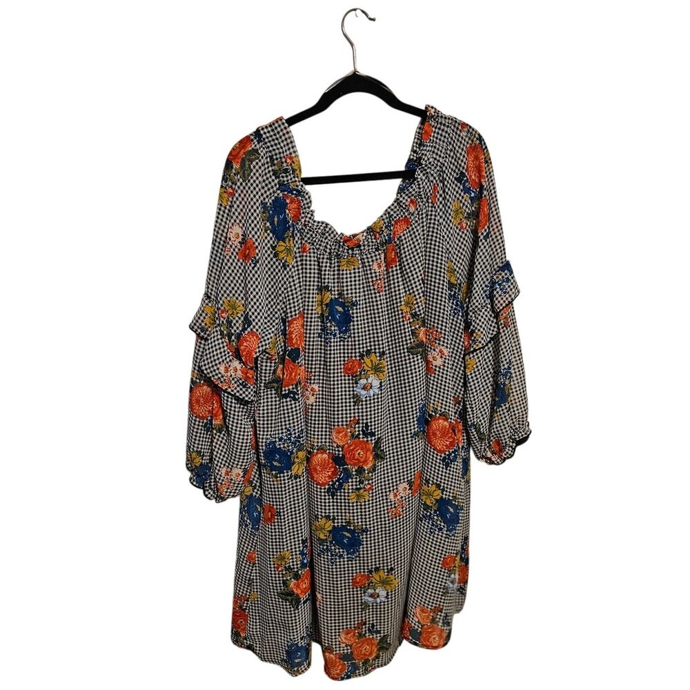 Eyeshadow Floral Dress – Size 2X – White with Red, Yellow & Blue Off-Shoulder